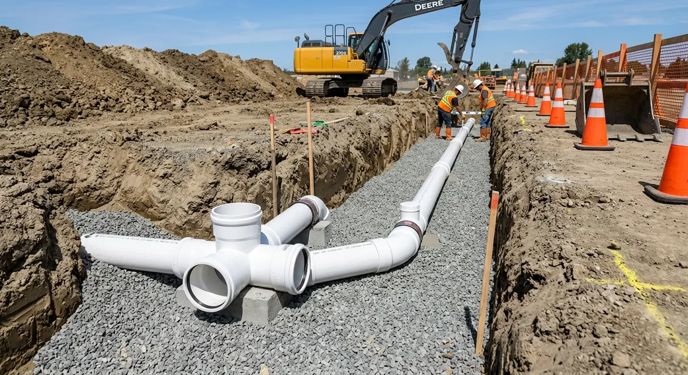 New PVC sewer pipe installation in open trench for Sewer Backup in Stevenson Ranch